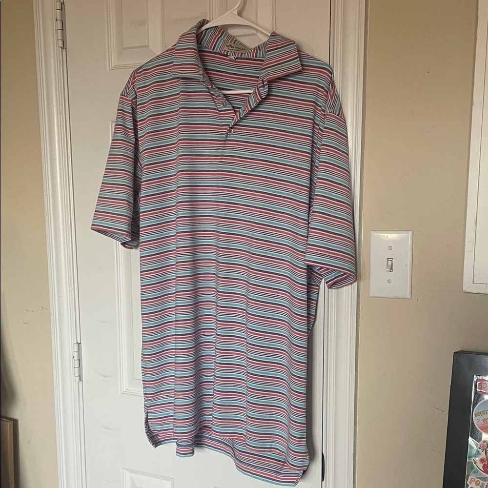 Peter Millar summer comfort polo, blue, purple and soft red stripes, size large